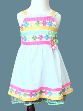 Nannette Girls White Sun Dress 2T Multicolor Flower Appliques Pleated Ruffles